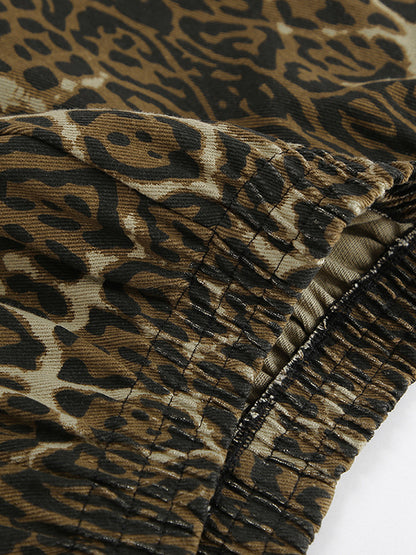 High Waisted Loose Elasticity Leopard Pockets Split-Joint Zipper Shorts Bottoms