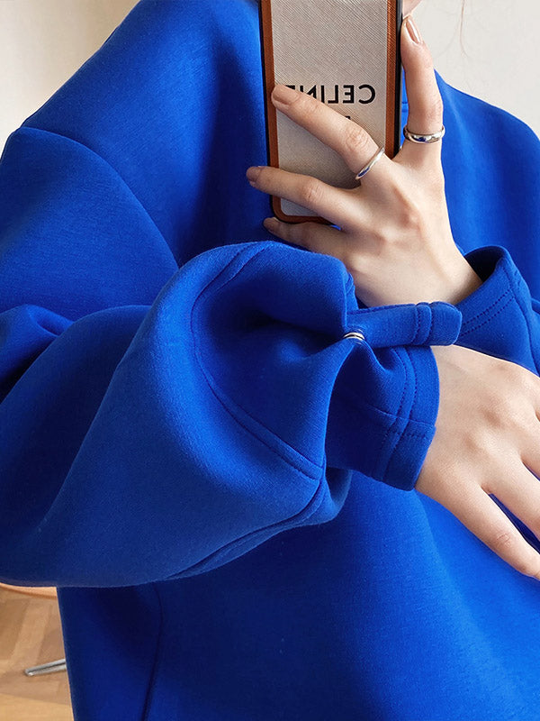 Long Sleeves Loose Solid Color Round-Neck Sweatshirt Tops
