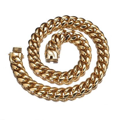 Men's Geometric Cuban Chain Link Necklace In Steel Color, Titanium Steel With 18K Real Gold Plated Electroplated Finish