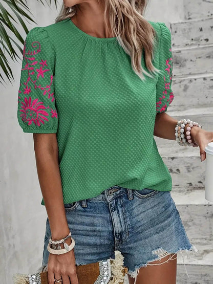 Loose Short Sleeves Bow-Embellished Contrast Color Split-Joint Round-Neck Blouses&Shirts Tops