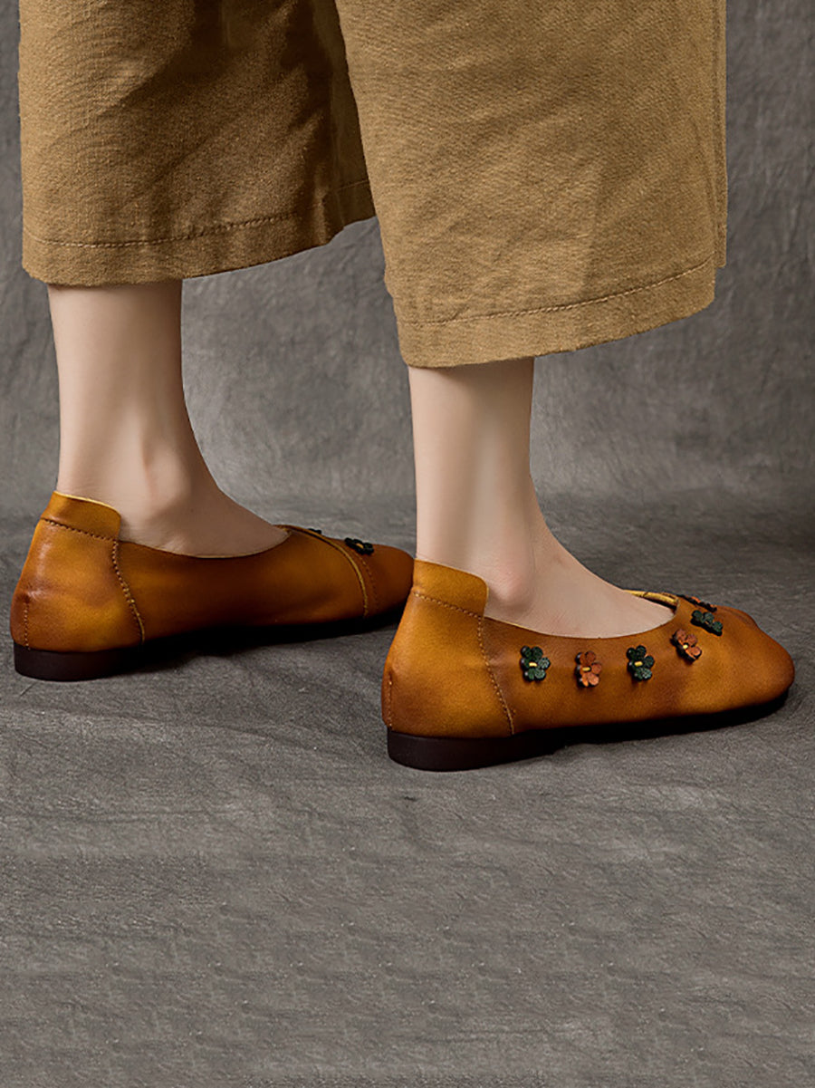 Women Vintage Summer Leather Flower Spliced Flat Shoes