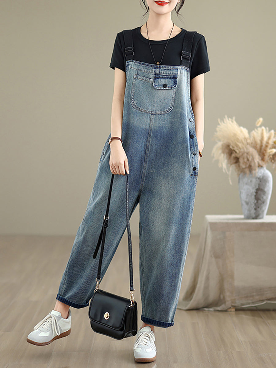 Women Summer Casual Pure Color Denim Loose Jumpsuits