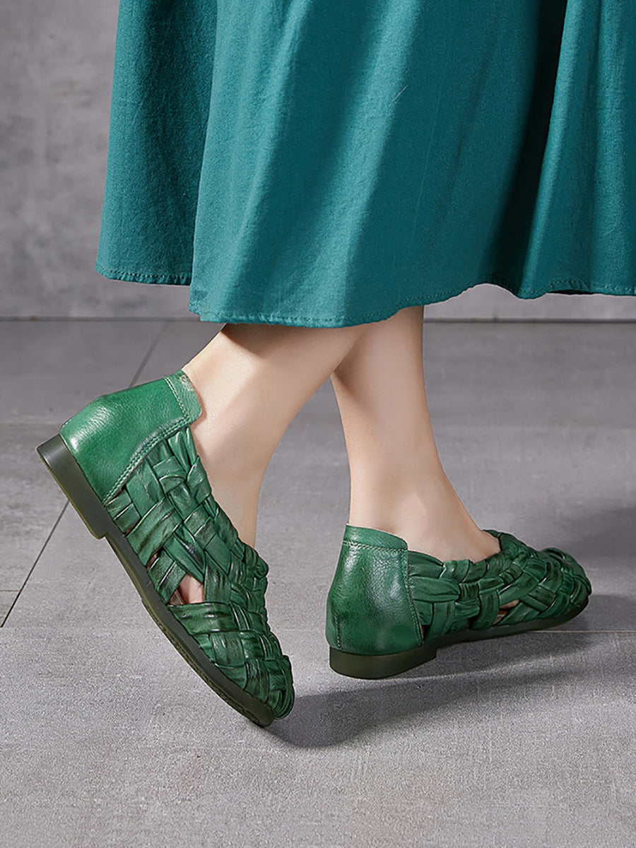 Women Summer Casual Leather Weave Low Heel Shoes