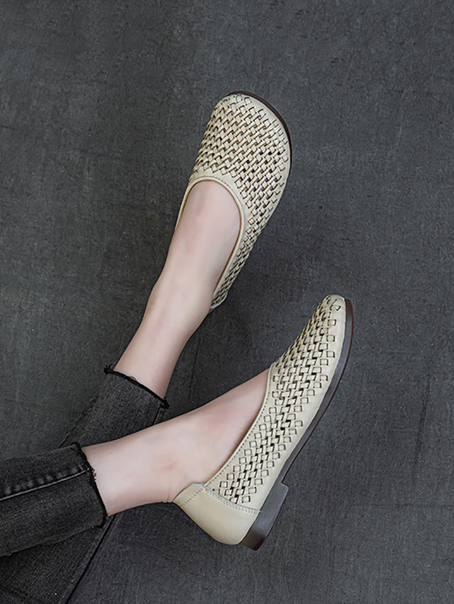 Women Summer Vintage Leather Weave Low Heel Shoes