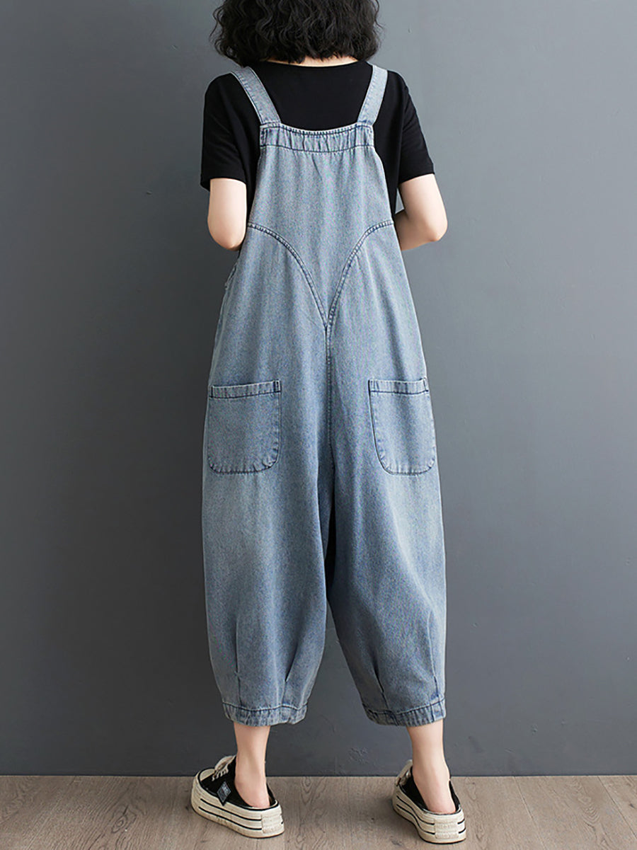 Plus Size Women Summer Solid Casual Loose Denim Jumpsuits