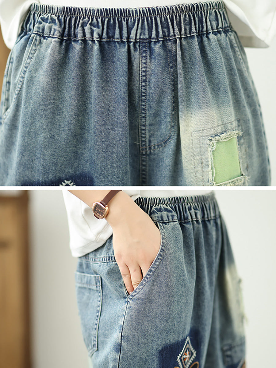 Women Retro Flower Embroidery Patchwork Denim Fifth Pants