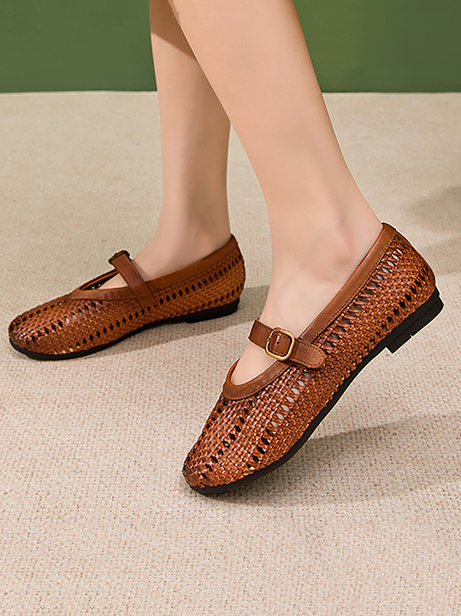 Women Vintage Leather Weave Low Heel Sandals