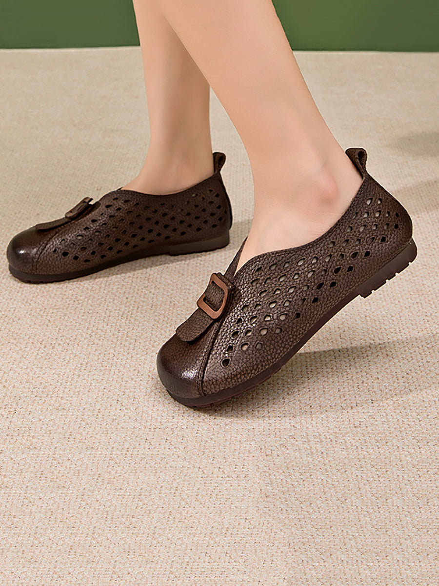 Women Summer Vintage Leather Spliced Flat Shoes