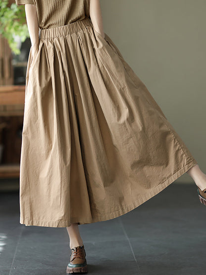 Plus Size Women Summer Solid Pleat Button Pocket Wide-leg Pants