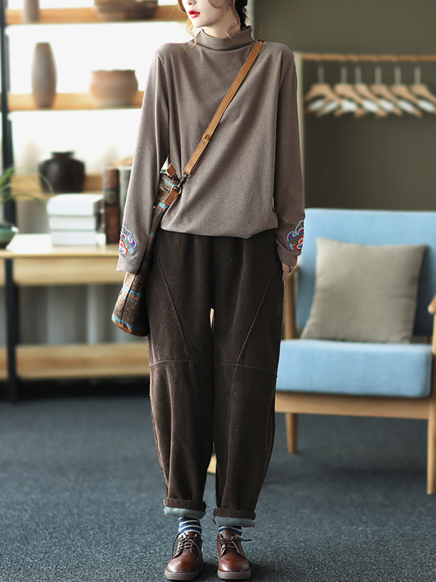 Plus Size Women Vintage Solid Spliced Thicken Pants