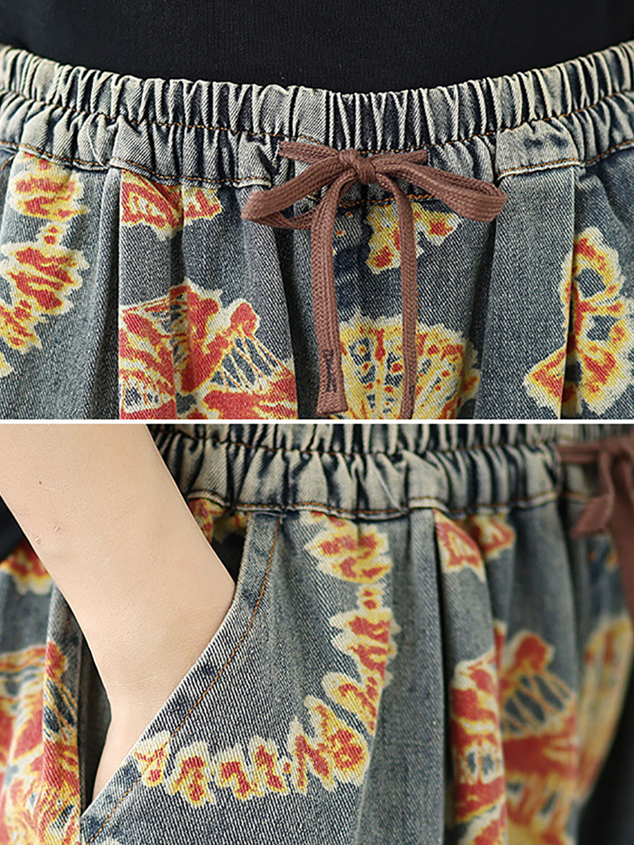 Women Retro Flower Denim Straight Capri Pants