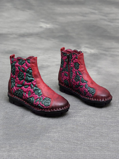 Women Retro Flower Leather Spliced Zipper Low Heel Boots