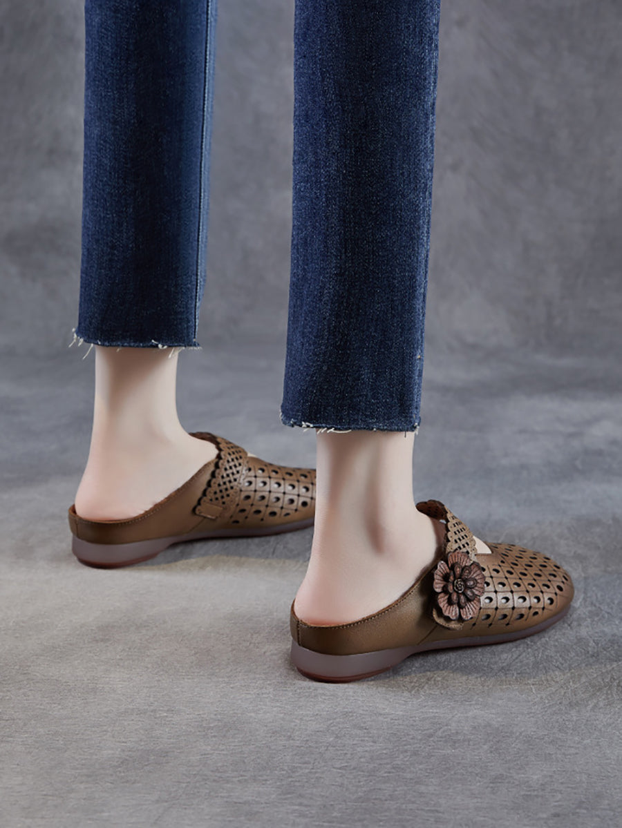 Women Casual Genuine Leather Flower Low Heel Slippers