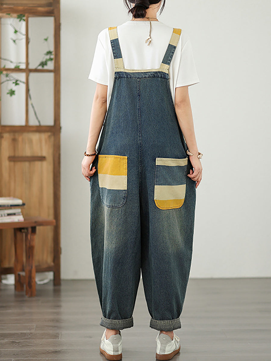 Women Summer Colorblock Stripe Denim Loose Jumpsuits