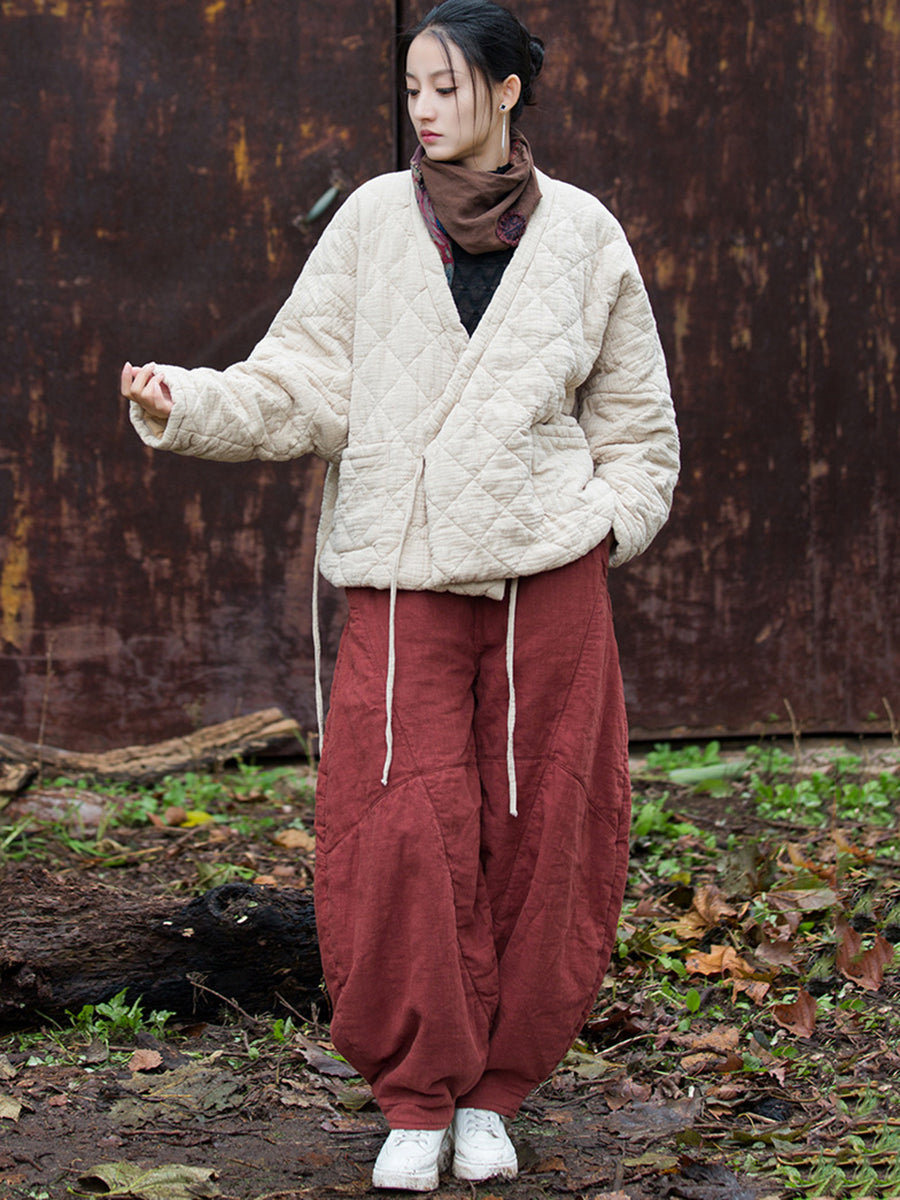 Women Winter Artsy Pure Color V-Neck Padded Coat