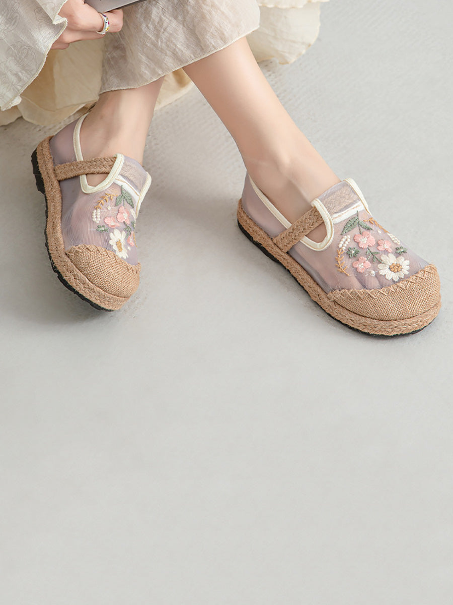 Women Summer Artsy Flower Embroidery Linen Slippers
