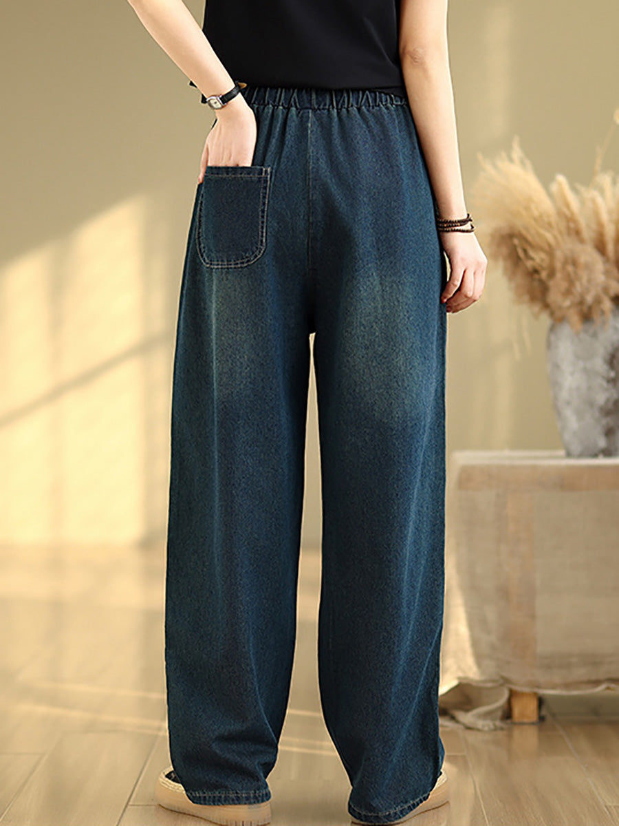 Women Casual Pure Color Denim Spliced Straight Pants