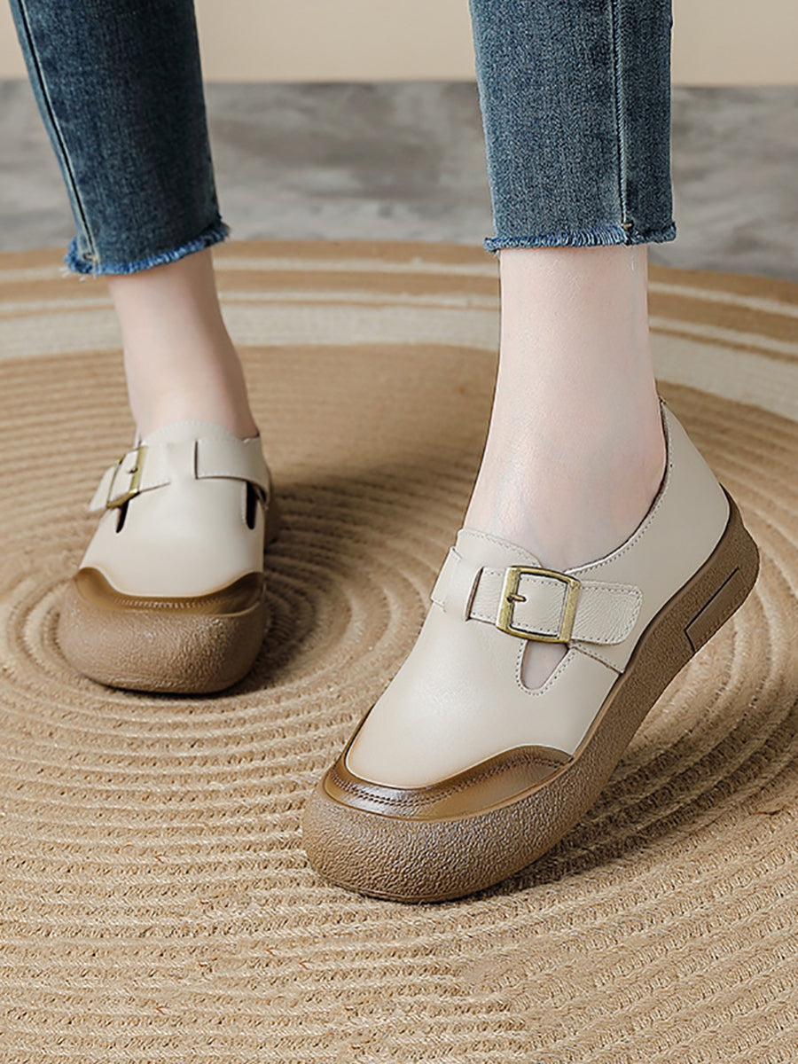 Women Summer Pure Color Leather Flat Shoes