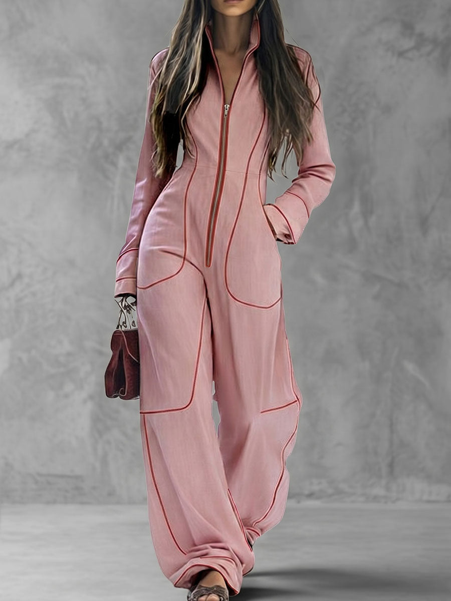 Long Sleeves Wide Leg Zipper Stand Collar Jumpsuits