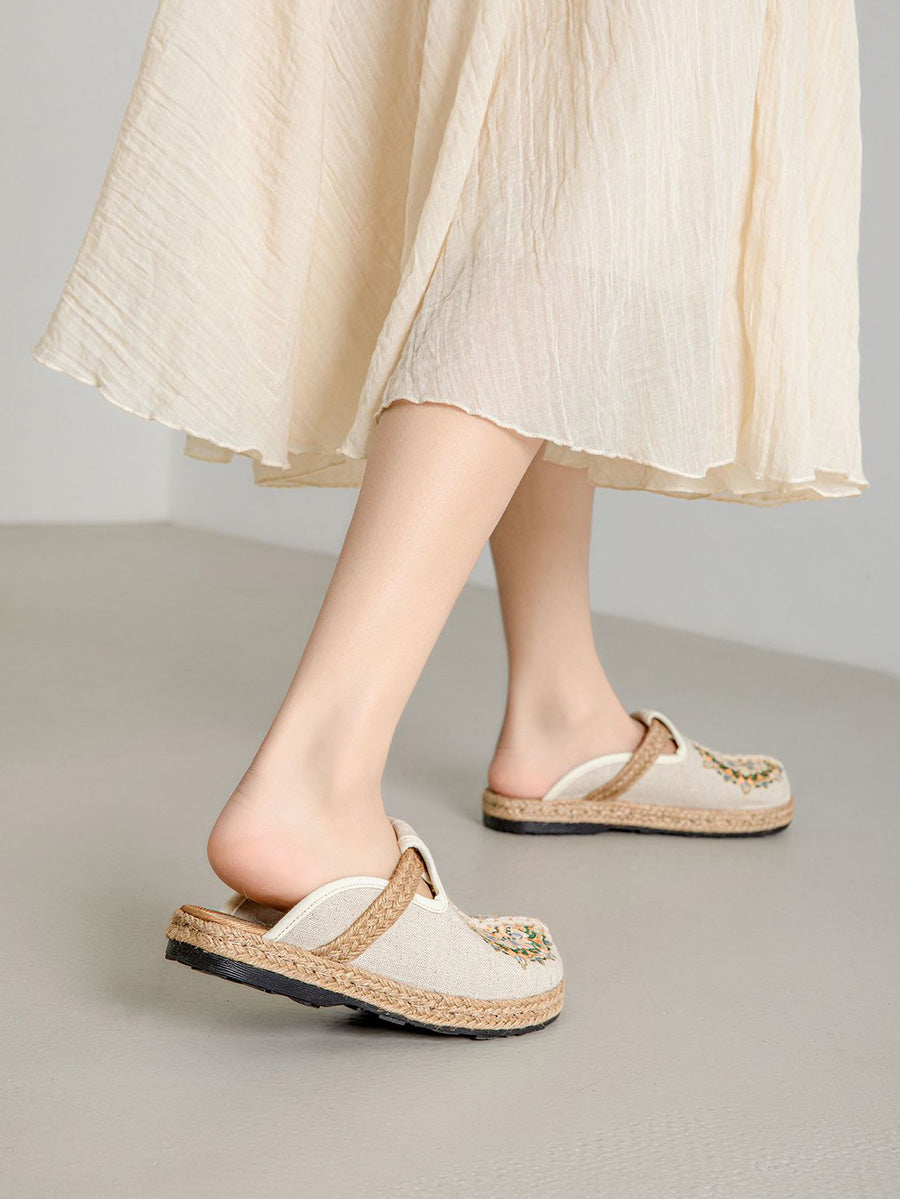 Women Summer Flower Embroidery Linen Slippers