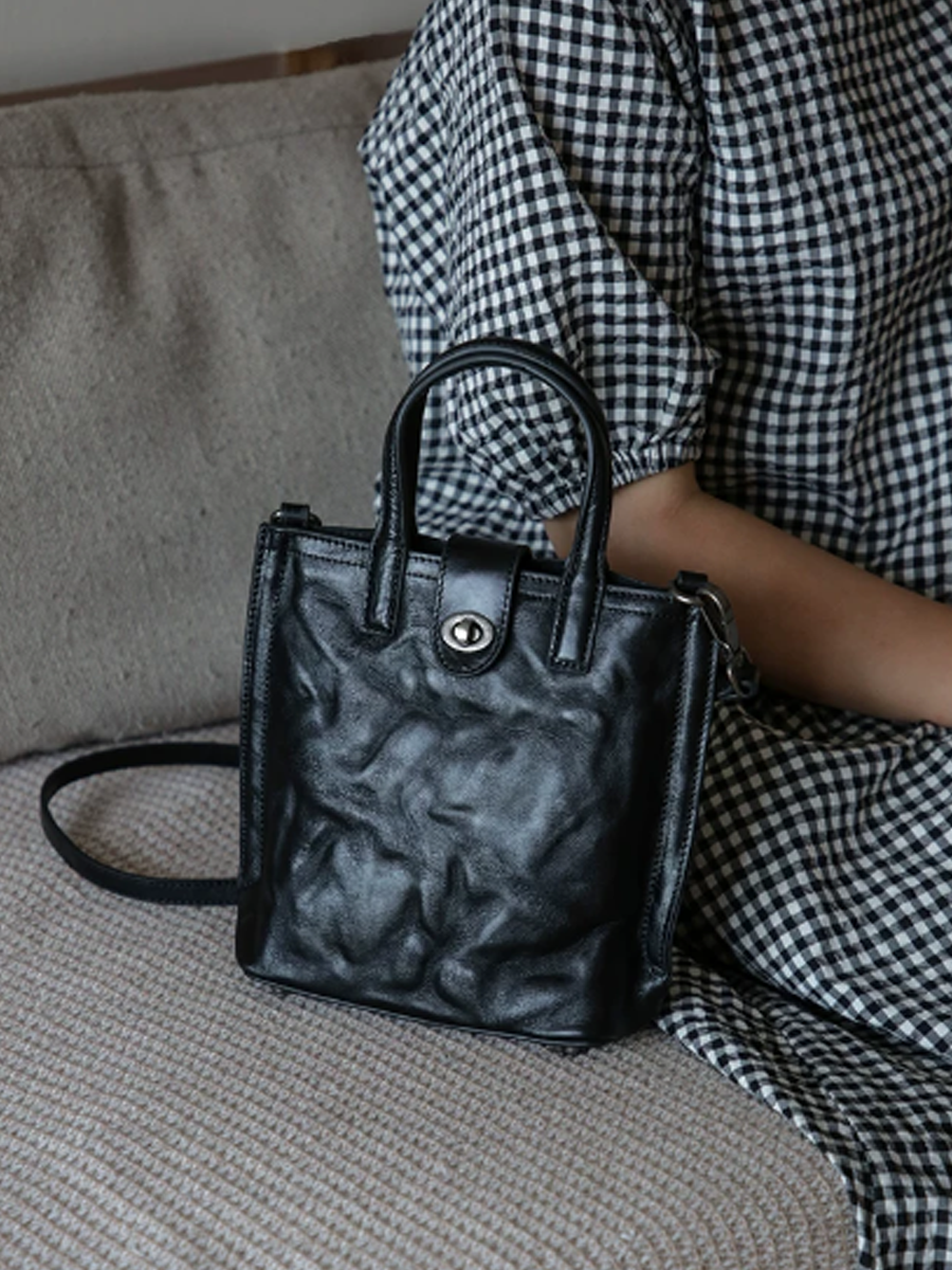 Vintage Crinkled Mini Tote Crossbody Bag