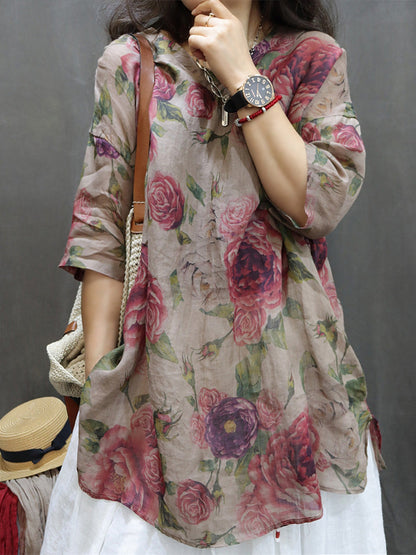 Plus Size Women Summer Vintage Flower Ramie Blouse M-4XL