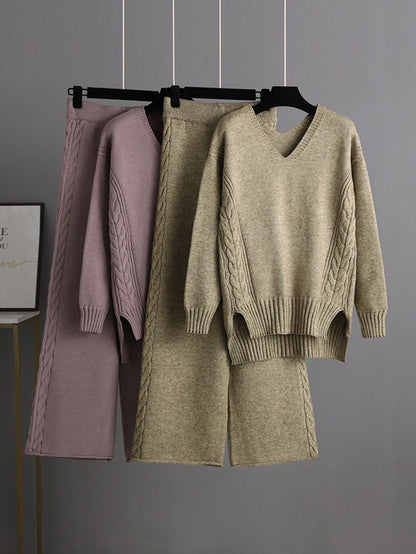 Stylish Loose Long Sleeves Solid Color V-Neck Sweater Tops& Wide Leg Pants Two Pieces Set