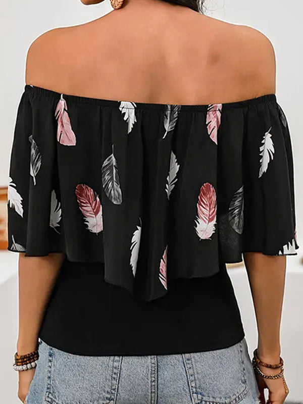 Half Sleeves Loose Leaves Print Pleated Split-Joint Off-the-shoulder Blouses&shirts Tops