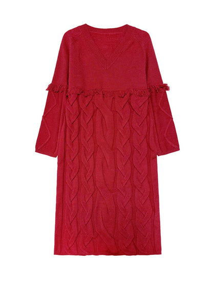 Long Sleeves Loose Solid Color Split-Joint Tasseled V-Neck Midi Dresses Sweater Dresses