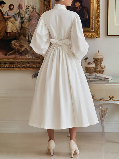 A-Line High Waisted Pleated Pockets Solid Color Tied Waist High Neck Midi Dresses
