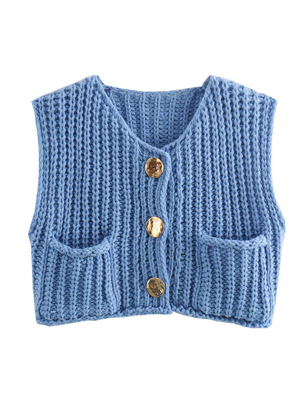 Loose Sleeveless Buttoned Pockets V-Neck Vest Outerwear