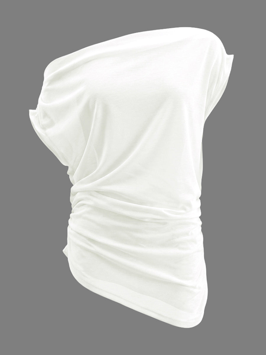 Loose Sleeveless Asymmetric Pleated Solid Color One-Shoulder Blouses&Shirts Tops