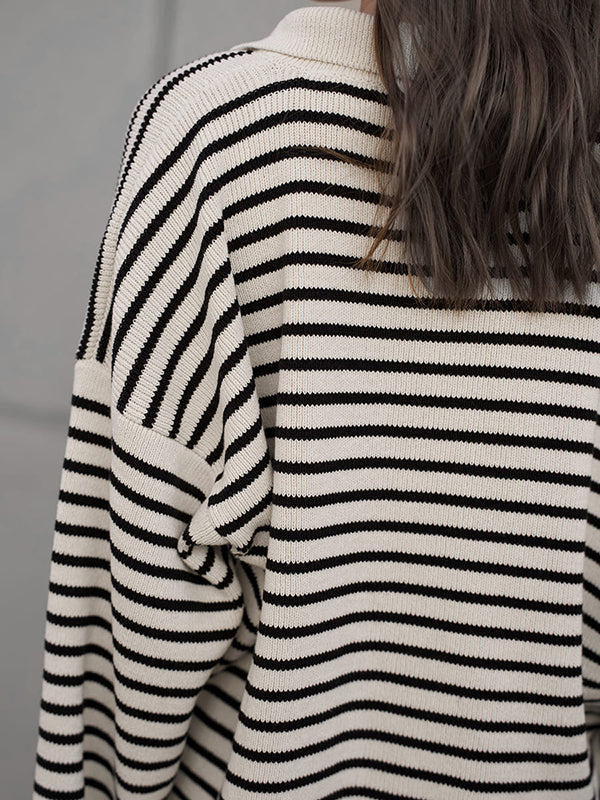 Long Sleeves Loose Split-Joint Striped Lapel Sweater Tops