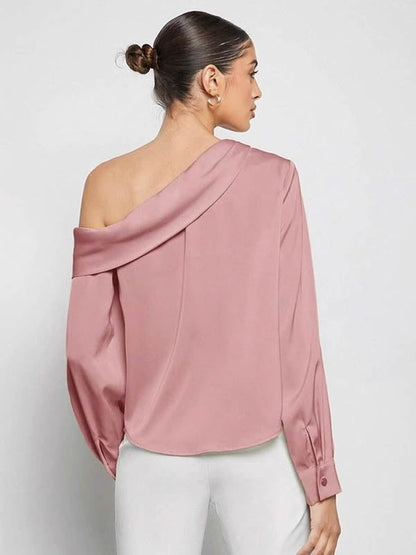 Long Sleeves Skinny Pleated Solid Color Split-Joint One-Shoulder Blouses&Shirts Tops
