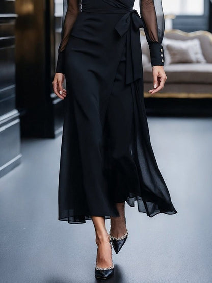 Long Sleeves Loose Buttoned Pleated Solid Color Split-Joint Tied Waist Lapel Maxi Dresses