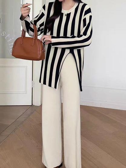 Long Sleeves Loose Pleated Split-Front Striped Round-Neck T-Shirt Top + Pants Bottom Two Pieces Set