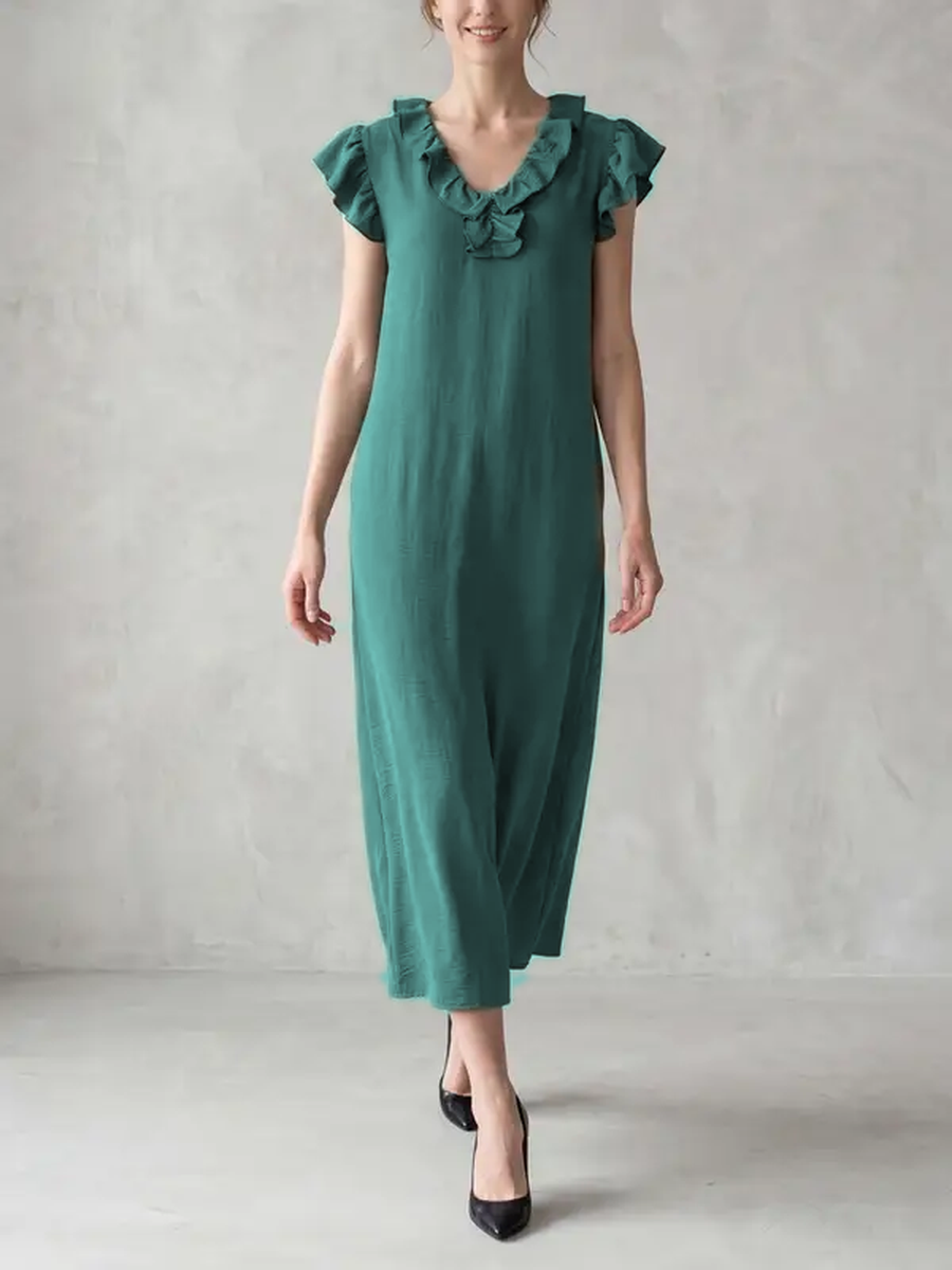 Loose Plus Size Pockets Ruffle Trim Solid Color V-Neck Maxi Dresses