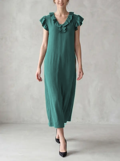 Loose Plus Size Pockets Ruffle Trim Solid Color V-Neck Maxi Dresses