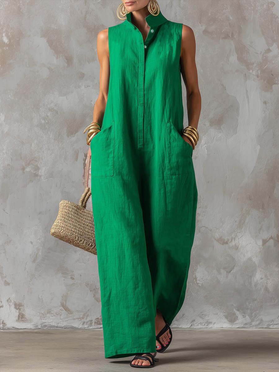 Loose Sleeveless Buttoned Pockets Solid Color Stand Collar Jumpsuits