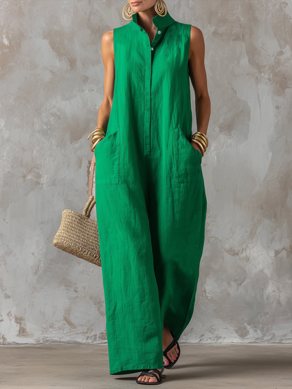 Loose Sleeveless Buttoned Pockets Solid Color Stand Collar Jumpsuits
