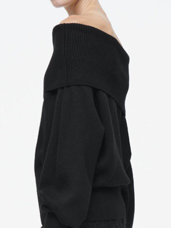 Long Sleeves Loose Solid Color Off-The-Shoulder Sweater Tops