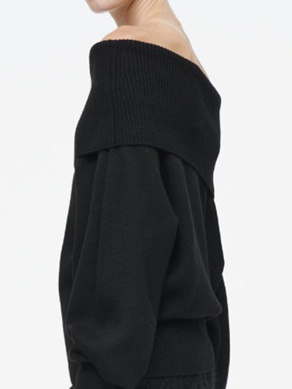 Long Sleeves Loose Solid Color Off-The-Shoulder Sweater Tops