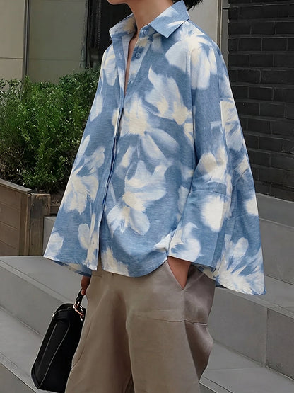 Batwing Sleeves High-Low Buttoned Contrast Color Printed Lapel Blouses&Shirts Tops