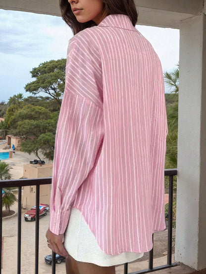 Long Sleeves Loose Buttoned Contrast Color Split-Joint Striped Lapel Blouses&Shirts Tops
