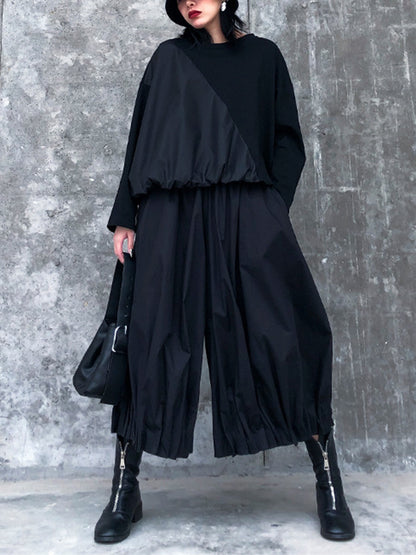 Solid Color Loose Long Sleeves Asymmetric Pleated Split-Joint Round-Neck Shirts Top +  Pants Bottom Two Pieces Set