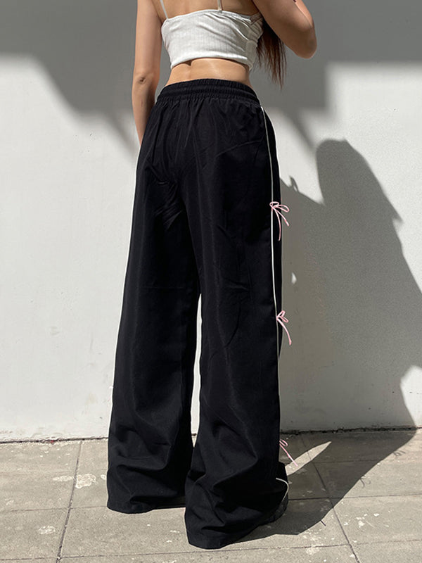 Loose Wide Leg Bowknot Drawstring Elasticity Split-Joint Pants Trousers
