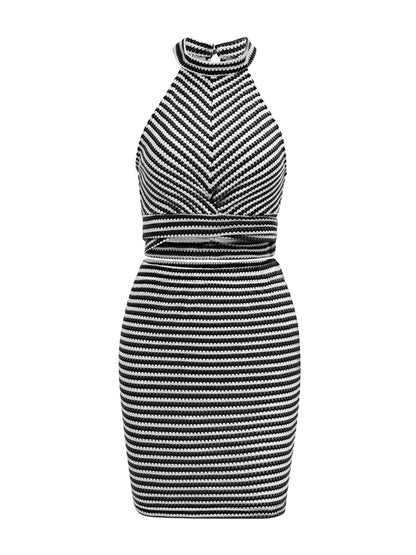 Bodycon Sleeveless Split-Joint Striped Tied Waist Halter-Neck Vest Top + Skirts Bottom Two Pieces Set
