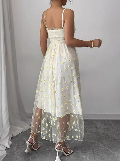 High Waisted Sleeveless Flower Print Layered Pleated Spaghetti-Neck Midi Dresses