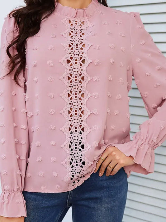 Flared Sleeves Long Sleeves Elasticity Hollow Jacquard Ruffled Solid Color Split-Joint Stand Collar T-Shirts Tops