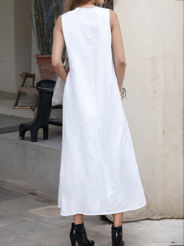 Loose Sleeveless Solid Color Split-Side Mock Neck Maxi Dresses